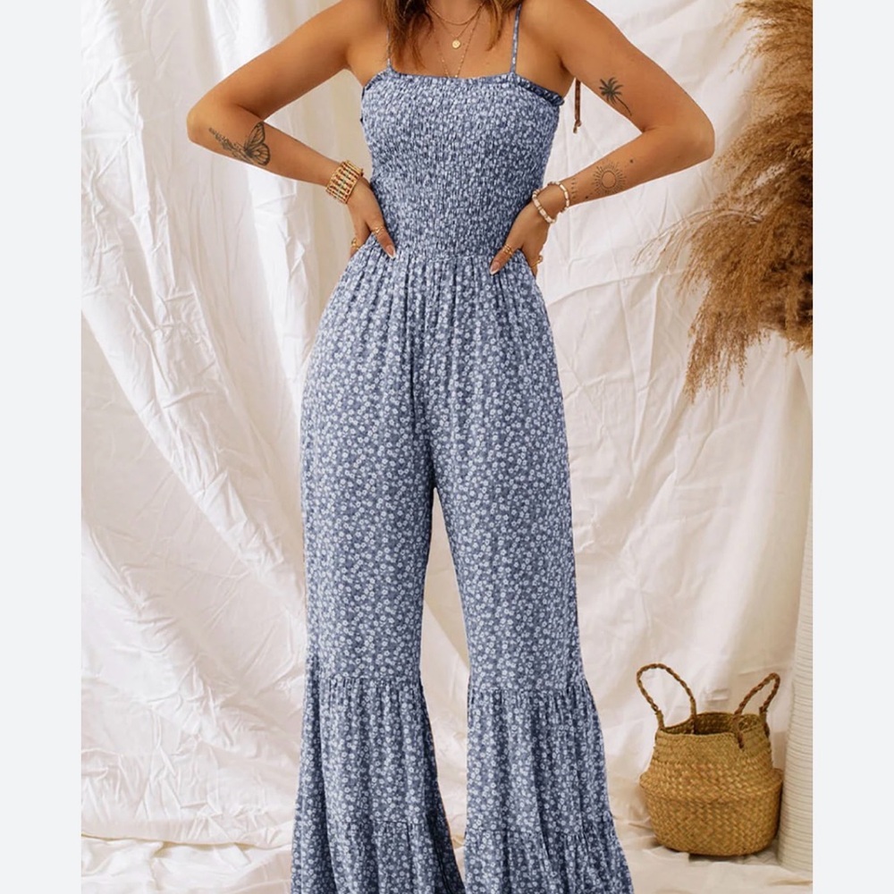 NWOT Smocked Blue Floral Wide-Leg Jumpsuit